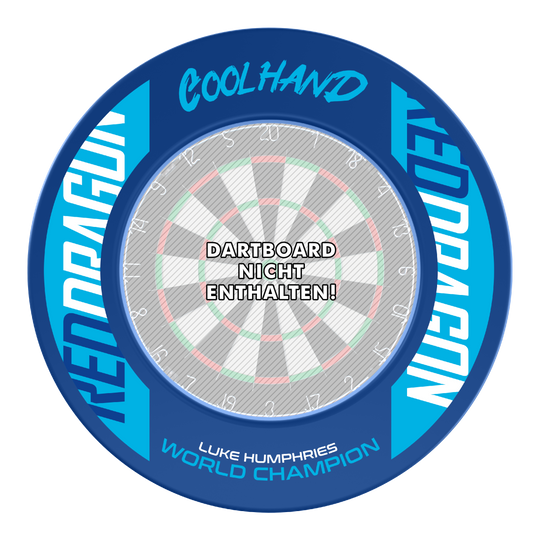 Dies ist das Produkt "Red Dragon Luke Humphries World Champion Dartboard Surround" in blauer Farbe. In der Mitte steht: "Dartboard nicht enthalten!"
