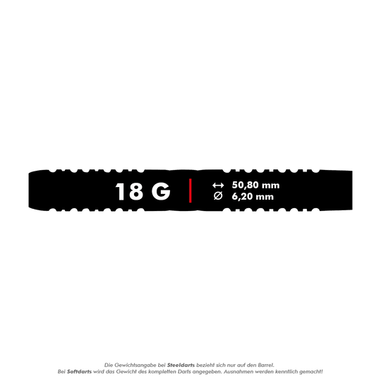 Das Bild zeigt die Produktinformationen eines Softdart-Barrels mit 18 Gramm Gewicht. Die Maße sind 50,80 mm Länge und 6,20 mm Durchmesser.