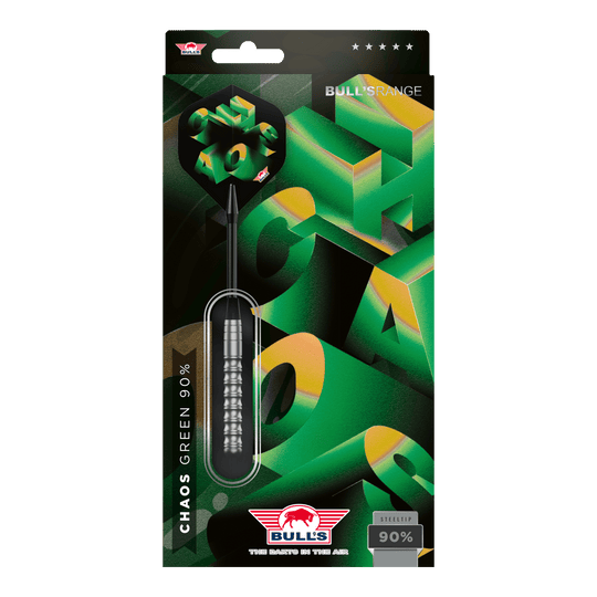 Hier sind die Bulls NL Chaos Green Steeldarts - 24g abgebildet. Die Darts sind grün und eignen sich für Steel-Dartspiele.