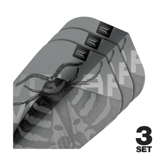 Target Pro Ultra Volar No6 Flights - 3 zestawy Das Bild zeigt drei Sets der Target Pro Ultra Volar No6 Flights. Die Flights sind grau mit einem detaillierten Insektenmotiv gestaltet.