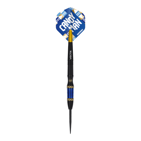 Winmau Rashad Sweeting Steeldarts - 24g Das Bild zeigt einen Winmau Rashad Sweeting Steeldart mit 24g Gewicht. Der Dart hat blaue und goldene Akzente sowie eine Flight mit der Aufschrift "CANDY MAN".