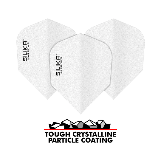 Harrows Solidna, wytrzymała, krystaliczna powłoka krzemionkowa, białe lotki nr 6 Das Bild zeigt drei weiße Dartflights mit der Aufschrift "SILIKA HARROWS". Darunter steht "TOUGH CRYSTALLINE PARTICLE COATING" zusammen mit einer grafischen Darstellung von Kristallen.