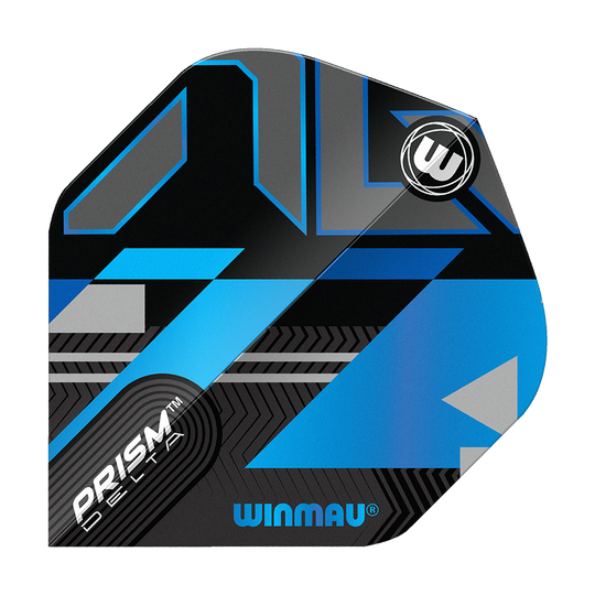 Dies ist ein Winmau Prism Delta Galactics No2 Standard Flight. Das Design ist modern mit blauen, schwarzen und silbernen Akzenten.
