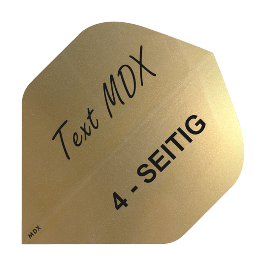 10 zestawów metalowych, drukowanych, 4-stronnych lotek - tekst niestandardowy - MDX Standard Das Bild zeigt ein goldenes Dart-Flight mit schwarzer Aufschrift. Auf dem Flight steht "Text MDX" und "4-SEITIG".