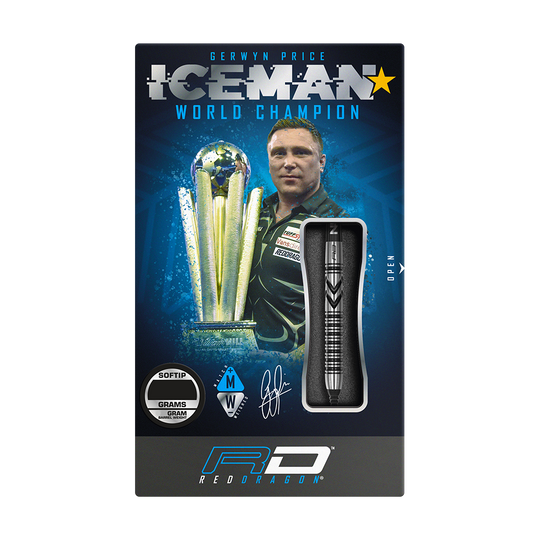RD2471_Red_Dragon_Gerwyn_Price_Thunderbolt_Softdarts_3 Auf der Verpackung sind die Red Dragon Gerwyn Price Thunderbolt Softdarts - 20g abgebildet. Im Hintergrund sieht man ein Bild von Gerwyn Price mit einem Pokal und der Aufschrift "ICEMAN World Champion".