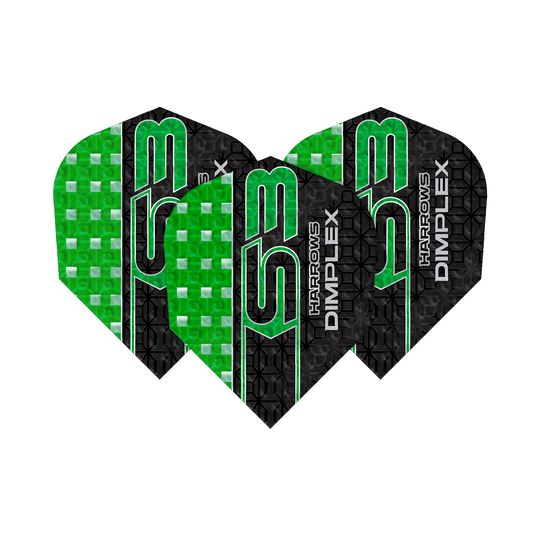 Loty Harrows Dimplex S3 - zielone Das Bild zeigt drei grüne und schwarze Dart-Flights des Modells "Harrows Dimplex S3". Auf den Flights steht der Text "Harrows Dimplex S3" in grüner und weißer Schrift.
