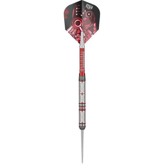 Stalowe lotki DW Piranha Razor 01 Das Bild zeigt den Steeldart "DW Piranha Razor 01". Der Dart hat ein silbernes Griffstück mit roten Akzenten und eine Flight mit mechanischem Design.
