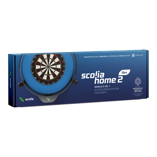 Scolia Home 2 FLEX – Elektroniczny system autoskoringu 2026 Das Bild zeigt die Verpackung des Produkts "Scolia Home 2 FLEX – Elektronisches Punktesystem". Es ist ein automatisches Auswertungssystem für Darts.