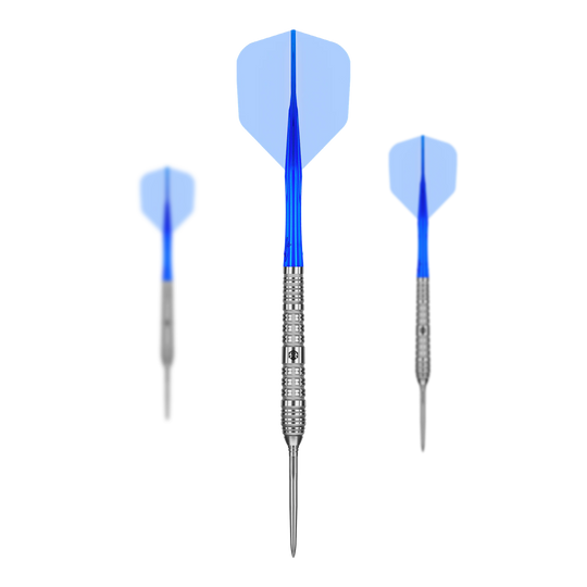 Stalowe lotki Caliburn Rix EZ-EVO R4 Das Foto zeigt die Caliburn Rix EZ-EVO R4 Steeldarts als Set. Der Fokus liegt auf dem Aussehen und der Anordnung der Darts.
