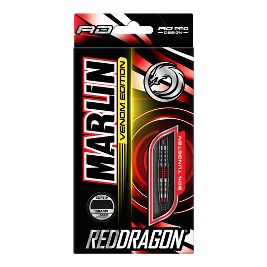 Miękkie lotki Red Dragon Marlin Venom - 22 g Die Abbildung zeigt die Verpackung der "Red Dragon Marlin Venom Softdarts - 22g". Die Verpackung ist schwarz-rot gestaltet und hebt die Darts mit 90% Tungsten-Anteil hervor.