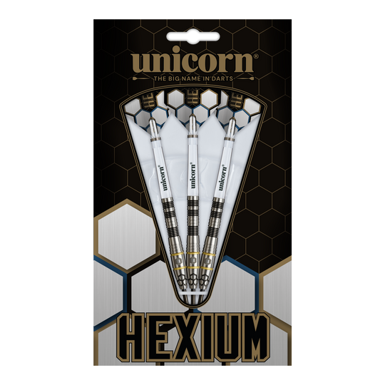 Unicorn Hexium Style 01 Czarno-złote Steeldarts Unicorn Hexium Style 01 Black & Gold Steeldarts sind auf diesem Bild abgebildet. Die Abbildung zeigt die schwarzen und goldenen Steeldarts in Nahaufnahme.