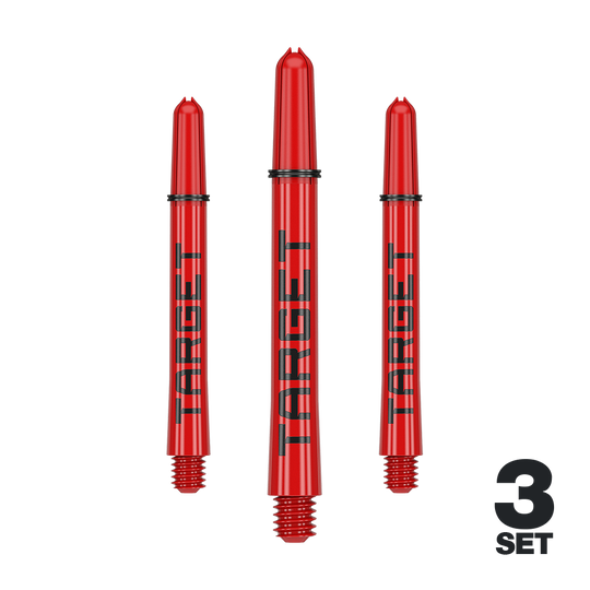Das Bild zeigt drei rote Dartschäfte mit der Aufschrift "TARGET". Unten rechts steht "3 SET", was auf ein Set mit drei Stück hinweist.