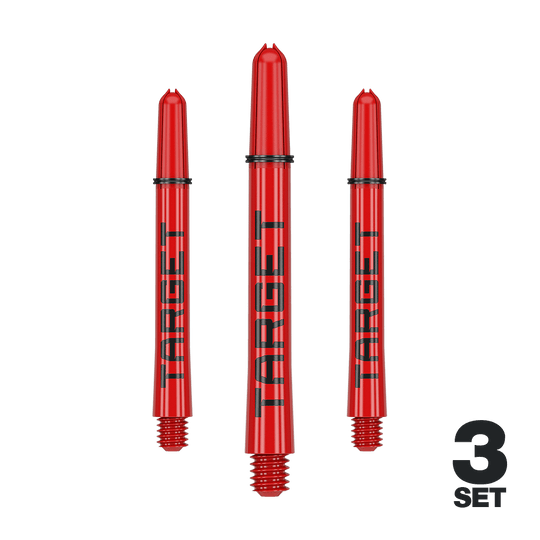 Trzonki Target Pro Grip TAG – 3 zestawy – czerwone Das Bild zeigt drei rote Dartschäfte mit der Aufschrift "TARGET". Unten rechts steht "3 SET", was auf ein Set mit drei Stück hinweist.