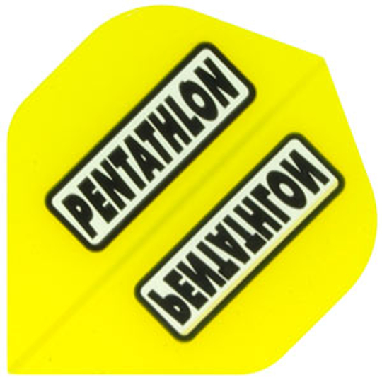 p12 Das Bild zeigt ein gelbes Dartflight mit der Aufschrift "PENTATHLON" in schwarzer Schrift. Das Produkt heißt "Pentathlon Flights P12".