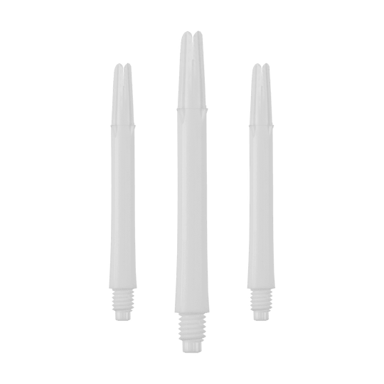 Wałki L-L-Style-Shafts blokowane proste - białe Das Bild zeigt drei weiße, gerade Dartschäfte mit Gewinde. Sie stehen aufrecht und sind ohne Kappen dargestellt.