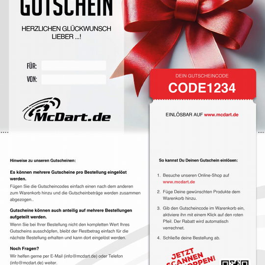 Voucher - Czerwona wstążka Das Bild zeigt einen Geschenkgutschein von McDart.de mit einer großen roten Schleife. Rechts befindet sich ein Feld mit einem Gutscheincode und einer Anleitung zur Einlösung des Gutscheins.