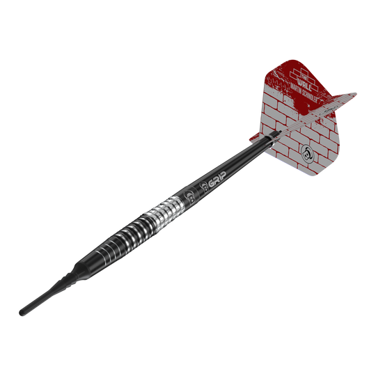 Bulls Martin Schindler Original Generation 3 miękkie lotki Das Bild zeigt einen Softdart aus der Serie "Bulls Martin Schindler Original Generation 3". Der Dart hat ein schwarzes und silbernes Barrel sowie eine rot-weiße Flight mit Mauerstein-Design.