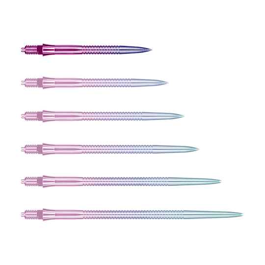 Końcówki do lotek Caliburn EZ-EVO – rowkowane – tęczowe Das Bild zeigt eine einzelne EVO205 Caliburn EZ-EVO Dartspitze Grooved Rainbow 28mm. Die Spitze hat eine auffällige Regenbogenfarbe und eine gerillte Oberfläche.