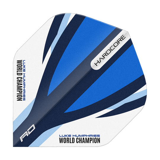 Czerwony Smok Hardcore Luke Humphries Niebiesko-Biały Standardowe Loty Das Bild zeigt einen Dart-Flight in den Farben Blau, Weiß und Schwarz mit dem Aufdruck "LUKE HUMPHRIES WORLD CHAMPION". Auf dem Flight stehen außerdem die Wörter "HARDCORE" und "RD".
