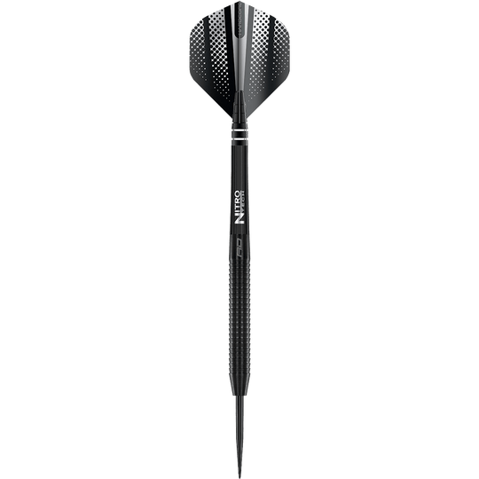 Red Dragon Razor Edge Czarne stalowe rzutki Das Bild zeigt einen schwarzen Steeldart mit dem Namen "Red Dragon Razor Edge". Der Dart hat ein modernes Design mit geriffeltem Griff und schwarzer Spitze.