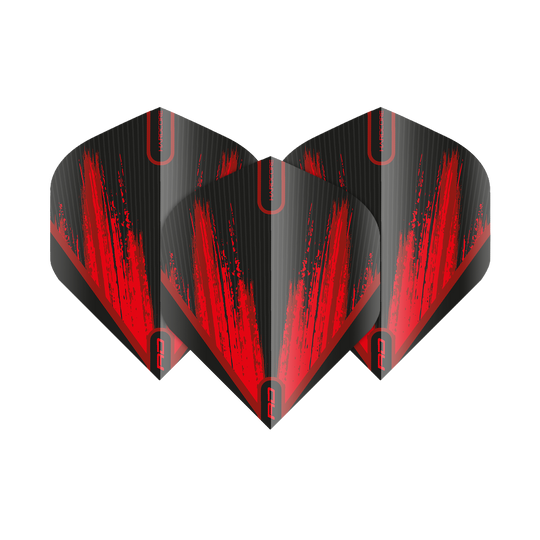 TF6442_Red_Dragon_Hardcore_Black_Red_V2_Standard_Flights_1HqqTe7wkGqWaN Das Bild zeigt drei Dartflights in Schwarz mit auffälligen roten Streifen. Die Flights tragen das Design "Red Dragon Hardcore Black Red V2 Standard".
