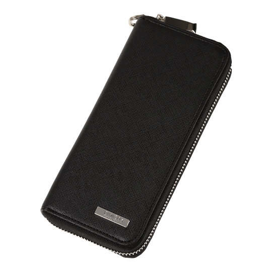 Przypadek biznesowy Cameo Pro3 Die Abbildung zeigt ein elegantes, schwarzes Etui mit Reißverschluss. Auf der Vorderseite befindet sich eine kleine silberne Plakette mit der Aufschrift "CAMEO".