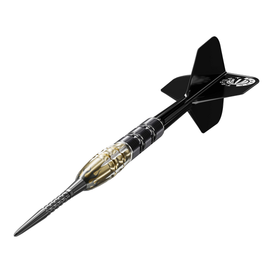 Lotki stalowe Target Japan Pyro GEN11 Swiss Point - 22 g Auf dem Bild ist ein Target Japan Pyro GEN11 Swiss Point Steeldart mit einem Gewicht von 22g zu sehen. Der Dartpfeil hat ein auffälliges Design mit goldfarbenen und schwarzen Elementen.
