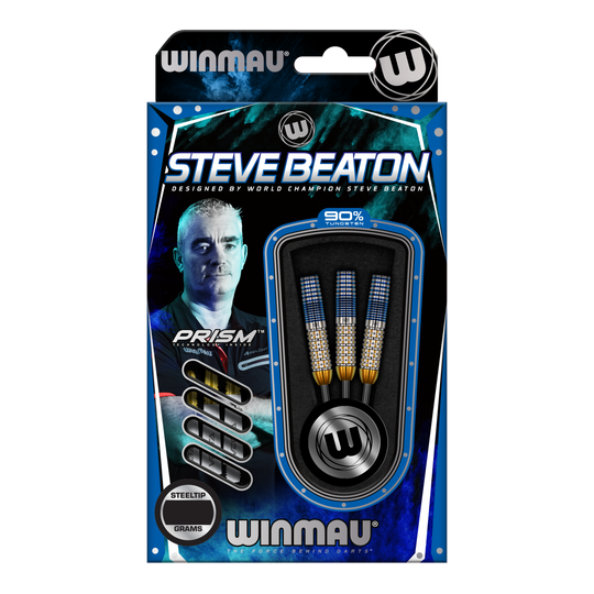 Auf dem Bild ist eine Verpackung der "Winmau Steve Beaton Legend Series Steeldarts" zu sehen. Die Verpackung zeigt drei Steeldarts und ein Bild von Steve Beaton.