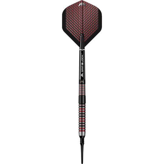 Das Bild zeigt einen Softdart des Modells "Mission Red Dawn Model 1" mit einem Gewicht von 19g. Der Dart hat ein modernes Design mit roten und schwarzen Akzenten.