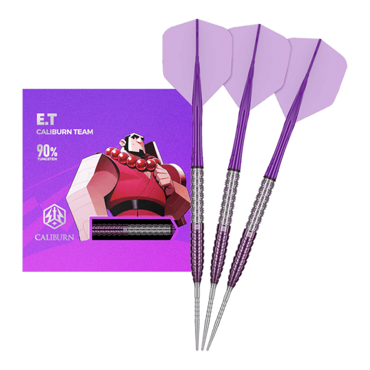Stalowe lotki Caliburn Awakening ET Das Bild zeigt die Caliburn Awakening E.T. Steeldarts in voller Ansicht. Alle Elemente des Produkts sind gut zu erkennen.