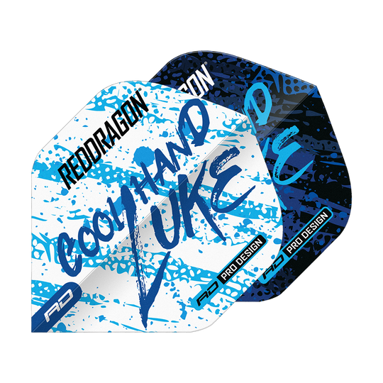 Czerwony Smok Luke Humphries Mistrz Świata Niebieski Biały Yin Yang Standardowe Loty Das Bild zeigt die Red Dragon Luke Humphries World Champion Blue White Yin Yang Standard Flights. Die Flights sind in Blau, Weiß und Schwarz mit auffälligem Schriftzug und Farbspritzern gestaltet.