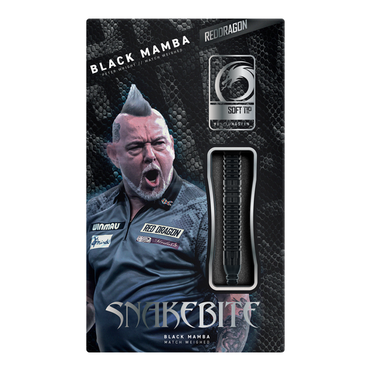 Red Dragon Peter Wright Snakebite Black Mamba Soft Darts - 20g Dargestellt ist der Red Dragon Peter Wright Snakebite Black Mamba Softdart mit 20g. Dieser Softdart richtet sich an ambitionierte Spieler und besticht durch hohe Qualität.