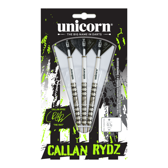 Unicorn Callan Rydz The Riot Phase 2 stalowe lotki Das Bild zeigt einen Steeldart aus der Callan Rydz The Riot Phase2 Serie. Es handelt sich um einen hochwertigen Dartpfeil für ambitionierte Spieler.