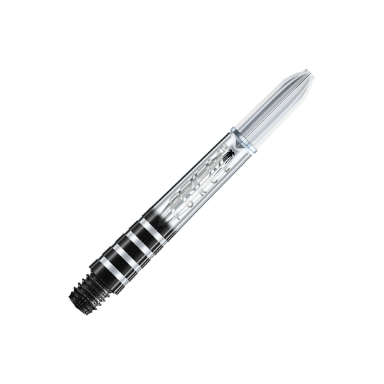 Dies ist ein transparenter Dart-Schaft mit der Aufschrift "Prism Force". Er hat ein klares, gestreiftes Design und misst 35 mm.