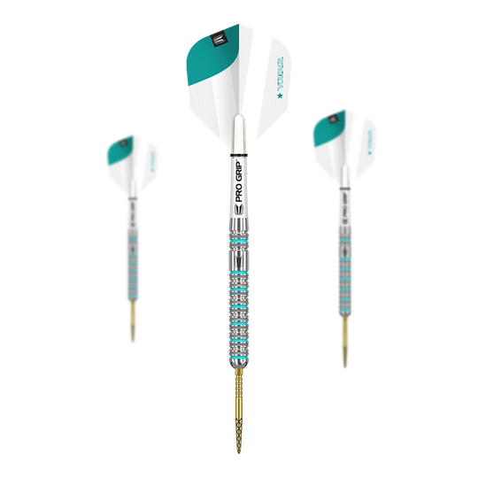 Stalowe lotki Target Rob Cross GEN2 Swiss Point Das Bild zeigt drei Target Rob Cross GEN2 Swiss Point Steeldarts. Die Darts haben silberne und türkisfarbene Details sowie weiße Flights mit PRO GRIP Schäften.