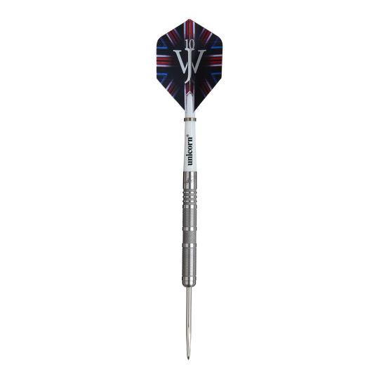 Unicorn James Wade The Machine Range Phase 4 Steeldarts Das Bild zeigt einen Steeldartpfeil aus der Produktreihe „Unicorn James Wade The Machine Range Phase 4“. Der Dartpfeil hat eine silberne Spitze und einen Flight mit buntem Design und den Buchstaben „JW“.