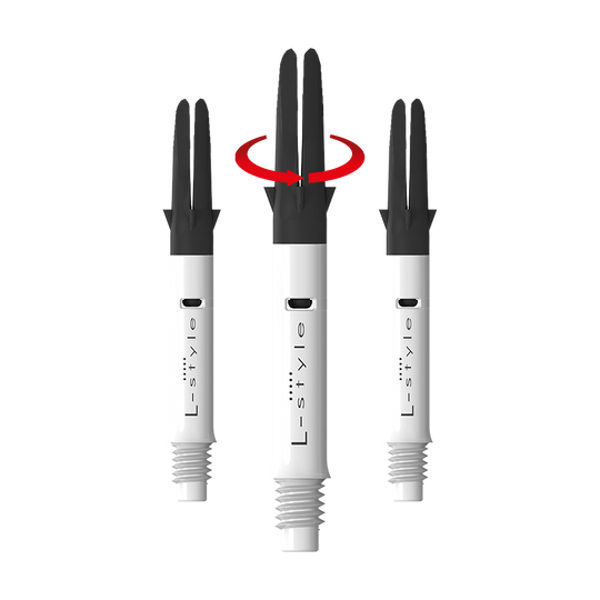 Wałek L-L-Style-Shaft Carbon Silent Straight - biały Auf dem Bild sind drei weiße L-Style Dartschäfte mit schwarzem oberen Teil zu sehen. In der Mitte zeigt ein roter Pfeil, dass sich der obere Teil des Schafts drehen kann.