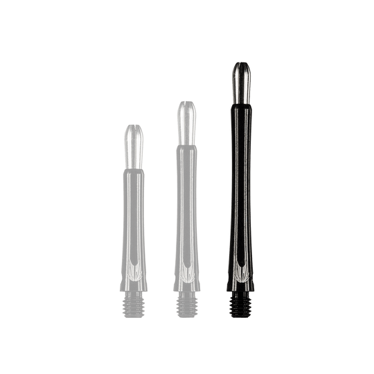 Das Bild zeigt drei schwarze Aluminiumschäfte für Darts in unterschiedlichen Längen. Die Schäfte haben silberne Details an den Enden.
