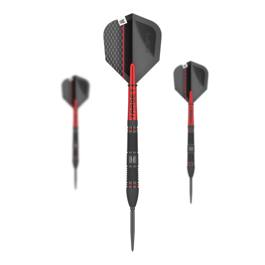 Stalowe lotki Target Scope 02 Swiss Point Auf dem Bild sind drei Target Scope 02 Swiss Point Steeldarts zu sehen. Die Darts haben ein modernes Design in Schwarz und Rot mit strukturierten Flights.