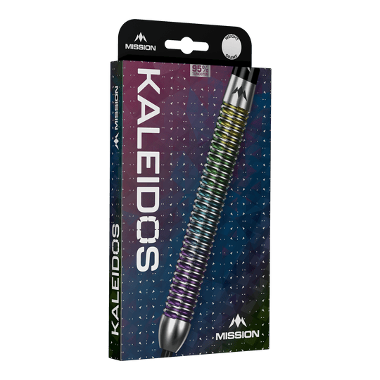 Misja Kaleidos Steeldarts Mission Kaleidos Steeldarts sind auf diesem Bild dargestellt. Die Pfeile überzeugen durch eine bunte Optik und stabile Verarbeitung.
