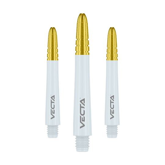 Das Bild zeigt drei Dartschäfte mit goldfarbenem Kopf und weißem Körper. Auf jedem Schaft steht das Wort "VECTA" in grauer Schrift.