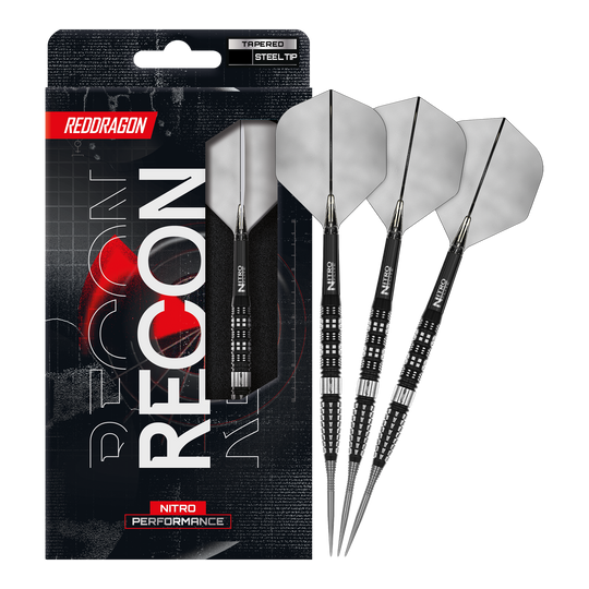 Red Dragon Recon Tapered Steeldarts. Das vollständige Set der Steeldarts wird auf dem Bild präsentiert.