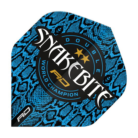 Das Bild zeigt ein Dart-Flight mit Schlangenhaut-Muster in Blau und Schwarz. In der Mitte steht der Text „Snakebite Double World Champion“.