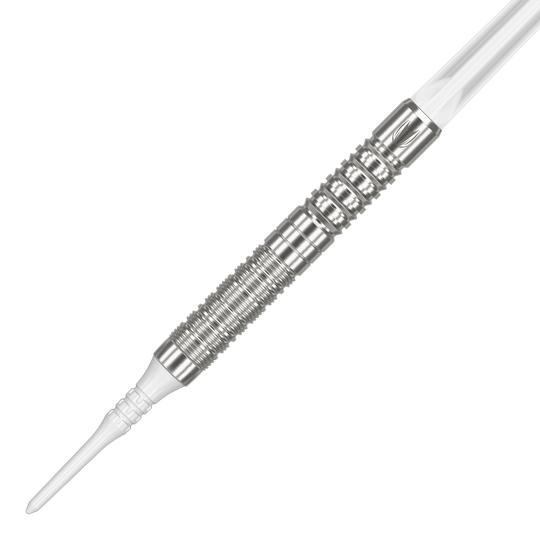 Das Bild zeigt einen silbernen Softdart mit einer detaillierten Griffstruktur. Es handelt sich um das Produkt "Target Japan Crux Honor Softdarts - 18,5g".