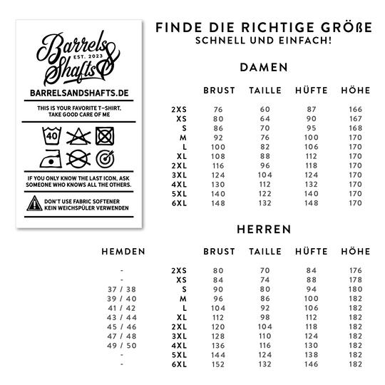 Das Bild zeigt die Größentabelle für das Produkt "Barrels and Shafts Hoodie - Schwarz" für Damen und Herren. Links sind außerdem Pflegehinweise für das Produkt abgebildet.