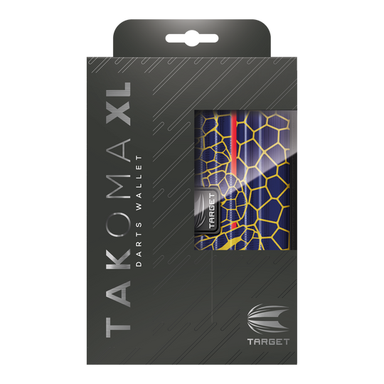 Das Bild zeigt die Verpackung des Produkts "Target Takoma Josh Rock XL Dartcase". Das Dartcase ist teilweise durch ein Fenster in der Verpackung sichtbar und hat ein buntes, grafisches Design.