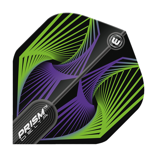 Das Bild zeigt das Produkt "Winmau Prism Delta Spiral GreenBlue Standard Flights". Das Dart-Flight ist schwarz mit grünen und blauen Spiralmustern gestaltet.