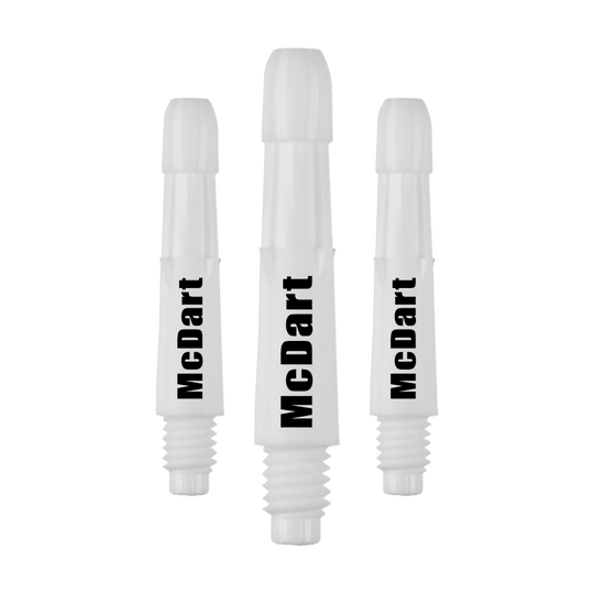 Das Bild zeigt drei weiße Dartshafts mit der Aufschrift "McDart". Es handelt sich um 3 Sätze L-Style Shafts mit individuellem Wunschdruck in der Länge 26 mm.
