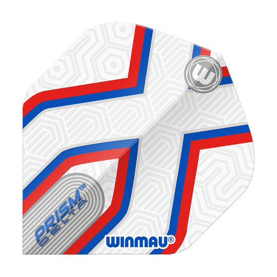 Winmau Prism Delta Epix No2 Standard Flights Das Bild zeigt ein Winmau Prism Delta Epix No2 Standard Flights Dartflugblatt. Es ist weiß mit roten und blauen Linien und dezentem geometrischem Muster gestaltet.