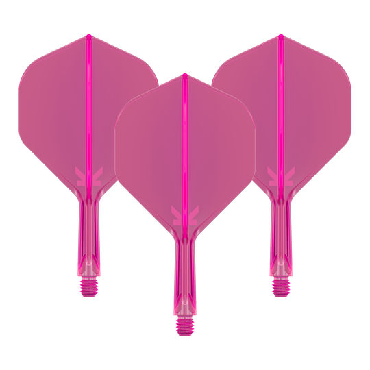 System lotu Target K-Flex No2 Standard – neonowy róż Das Bild zeigt drei pinkfarbene Dart-Flights mit Schäften. Sie sind nebeneinander angeordnet und haben eine neonpinke Farbe.